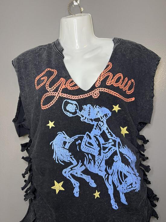 Unknown Tops - Yeehaw Graphic Shirt Womens Small Black Sleeveless V Neck Western Rodeo Cowgirl